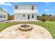 A stone fire pit in the backyard with lush green grass and a two-story white house at 413 Hallie Long Ln, Burlington, NC 27217