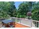 Backyard wood deck features an outdoor table and seating, with scenic views of the garden at 9048 Chelsea Dr, Raleigh, NC 27603