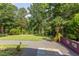 Lush backyard with manicured lawn, mature trees, and a privacy wall at 1908 S Lakeshore Dr, Chapel Hill, NC 27514