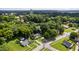 Aerial view capturing the home's setting within a lush, green neighborhood with city skyline at 308 E Gilbreath St, Graham, NC 27253