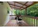 Inviting covered back porch with wood railing and an outdoor chair at 308 E Gilbreath St, Graham, NC 27253