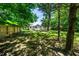 Large, grassy backyard with mature trees and wood fence surrounds this home on a sunny day at 313 13Th St, Butner, NC 27509