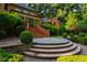 Multi-tiered backyard with stone patio, brick steps leading to yard, and lush landscaping surrounding the home at 8200 Bromley Rd, Hillsborough, NC 27278