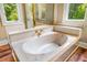 Luxurious bathroom features marble accents, a soaking tub, and a window with scenic views for ultimate relaxation at 8200 Bromley Rd, Hillsborough, NC 27278