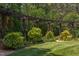 Backyard with a manicured lawn and lush, colorful landscaping, including a pergola at 1009 Margarets Ln, Raleigh, NC 27614