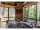 Cozy screened porch features a stone fireplace, stylish seating, and views of the backyard at 1009 Margarets Ln, Raleigh, NC 27614