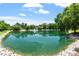 A community lake features clear blue water with a fountain, surrounded by trees at 318 Riggsbee Farm Dr, Cary, NC 27519