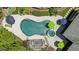 Aerial view of the refreshing kidney-shaped pool with spa, umbrellas, and backyard entertainment area at 2112 Colin Hill Ct, Wake Forest, NC 27587