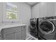 Efficient laundry room showcasing gray cabinetry, patterned floors, and modern washer and dryer units at 2112 Colin Hill Ct, Wake Forest, NC 27587