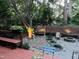 Private backyard with firepit and custom-built wooden swing set provides a relaxing space for outdoor gatherings at 308 Sutton Glen Dr, Apex, NC 27523