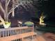 Enjoy the serene backyard with professional landscaping and thoughtful lighting, accessible from a spacious back deck at 308 Sutton Glen Dr, Apex, NC 27523