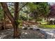 Relaxing backyard with a stone fire pit, wooden bench, and beautiful natural landscaping at 308 Sutton Glen Dr, Apex, NC 27523