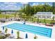 Attractive aerial view of a community pool and amenity center nestled among trees at 601 Rockwater Path, Durham, NC 27713