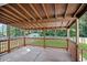 Covered back porch with wooden railings overlooking the backyard at 606 E Club Blvd, Durham, NC 27704