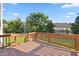 View of wooden deck, perfect for enjoying the outdoors and entertaining, with backyard views at 1805 Abby Knoll Dr, Apex, NC 27502
