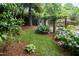 Lush backyard featuring a shed, a grill, and hydrangeas at 2707 Anderson Drive Dr, Raleigh, NC 27608