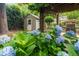 Backyard shed, grill, and vibrant hydrangeas set against a backdrop of lush greenery at 2707 Anderson Drive Dr, Raleigh, NC 27608