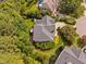 Aerial view of a backyard, with lush greenery, a pool, patio, and mature trees surrounding the property at 315 Birdwood Ct, Cary, NC 27519