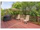 This back deck features wood floors, an umbrella, and chairs at 315 Birdwood Ct, Cary, NC 27519