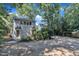 Home's backyard showcases a gravel area, lush greenery, mature trees, and parts of neighboring houses on a sunny day at 406 E Whitaker Mill Rd, Raleigh, NC 27608