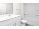 Well-lit bathroom featuring a modern vanity and tub with shower at 528 Lochalsh Dr, Gibsonville, NC 27249