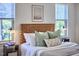 Bedroom with woven headboard, picture window, and stylish bedside lighting at 931 Ramseur St, Durham, NC 27701