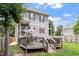 Back exterior featuring gray siding, red shutters, a wooden deck and a fenced yard at 1304 Castlebay Rd, Durham, NC 27703