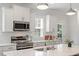 Close-up view of the modern kitchen with stainless steel appliances and elegant white subway tile backsplash at 1304 Castlebay Rd, Durham, NC 27703