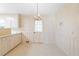 Cozy eat-in kitchen features charming wallpaper, chandelier, and a door to the outside at 1702 Pinecrest St, Burlington, NC 27215