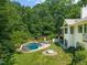 Aerial view of the backyard featuring a pool, fire pit, and meticulously landscaped yard at 3707 Stonegate Dr, Chapel Hill, NC 27516