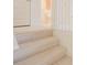 Carpeted staircase leading to a hallway and a peek into the neighboring bathroom at 41 Highveld Ave, Chapel Hill, NC 27516