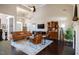 Vaulted ceilings highlight the living room, furnished with a decorative rug, brown furniture, and natural light at 413 Great Smokey Mountain Dr, Mebane, NC 27302