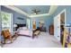 Relaxing main bedroom with soft blue walls, tray ceiling, and natural light offers a calming retreat at 413 Great Smokey Mountain Dr, Mebane, NC 27302