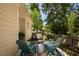 Secluded patio featuring comfortable seating, a colorful rug, and a peaceful view of the landscaped backyard at 413 Great Smokey Mountain Dr, Mebane, NC 27302