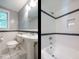 Nicely finished bathroom featuring a toilet, pedestal sink, shower, and bath at 979 St Marys St # G6, Raleigh, NC 27605