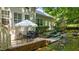 Inviting outdoor patio with brick trim and a dining set next to a serene, landscaped backyard stream at 1008 Old Meetinghouse Way, Raleigh, NC 27615