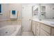 Bright bathroom showcasing a jacuzzi tub, separate shower, and updated dual vanity at 1009 Porchside Dr, Apex, NC 27502