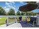 Back deck with seating and umbrella overlooks the spacious backyard at 114 Boone Trl, Garner, NC 27529