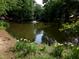 This pond is surrounded by lush greenery and has flowers in the foreground at 5805 Mapleridge Rd, Raleigh, NC 27609