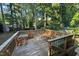Wooden back deck with tables and chairs in a serene backyard setting at 609 Sloan Dr, Cary, NC 27511