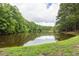 Tranquil view of a calm pond surrounded by mature trees and lush greenery at 701 Bennington Dr, Raleigh, NC 27615