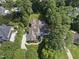 Beautiful aerial view of a charming home with mature trees, a private pool and perfectly manicured lawn at 8416 Davishire Dr, Raleigh, NC 27615