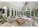 Sun-filled living room showcasing a vaulted ceiling, many large windows, and a comfortable white sectional at 8416 Davishire Dr, Raleigh, NC 27615