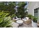 Relaxing outdoor patio with comfortable wicker seating surrounded by lush greenery at 8416 Davishire Dr, Raleigh, NC 27615