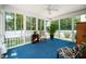 Cozy screened porch with blue carpet, offering a relaxing view of the backyard landscape at 904 E Ivy Valley Dr, Fuquay Varina, NC 27526