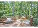 Deck area featuring bench seating, a table and stools and forested view at 108 Cedar St, Chapel Hill, NC 27514
