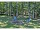 Backyard fire pit area with two blue Adirondack chairs, perfect for relaxing in the yard at 11100 Honeycutt Rd, Raleigh, NC 27614