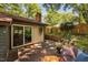 Back yard patio area with an outdoor seating area and brick planters near the sliding glass doors at 1120 E Oak Dr, Durham, NC 27712