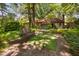 Relaxing backyard featuring outdoor seating on a patio surrounded by greenery and mature trees at 1120 E Oak Dr, Durham, NC 27712