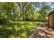 Beautiful backyard with mature trees, lush greenery, and a glimpse of a white outbuilding beyond at 1120 E Oak Dr, Durham, NC 27712